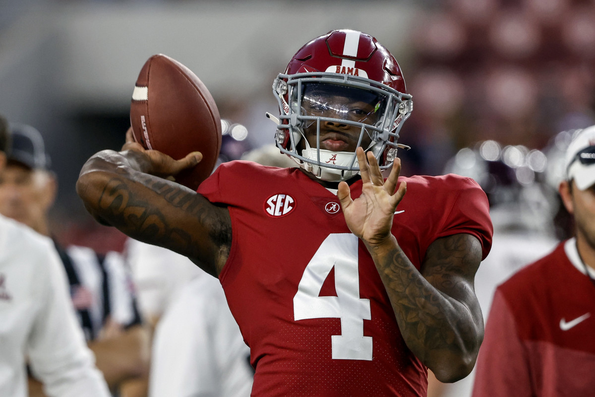 Oct 8, 2022; Tuscaloosa, Alabama, USA; Alabama Crimson Tide quarterback Jalen Milroe (4) warms up before a game against the Texas A&M Aggies at Bryant-Denny Stadium. Mandatory Credit: Butch Dill-USA TODAY Sports